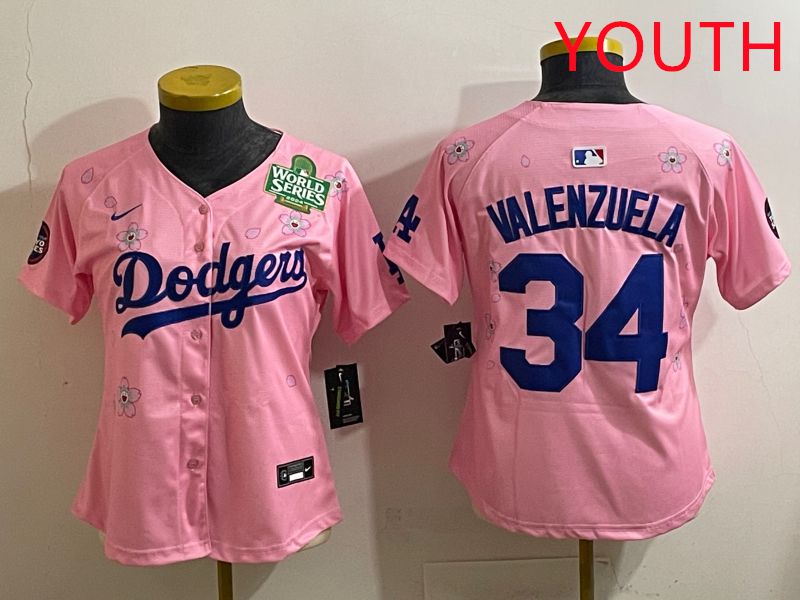 Youth Los Angeles Dodgers #34 Valenzuela Pink Sakura Edition 2025 Nike MLB Jersey style 38